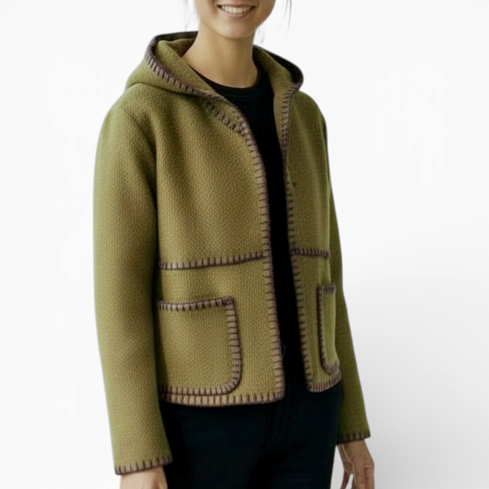 Handmade Hooded Cropped Jacket from Army Green‎ Blanket Button Front Pockets | L - Picture 2 of 16